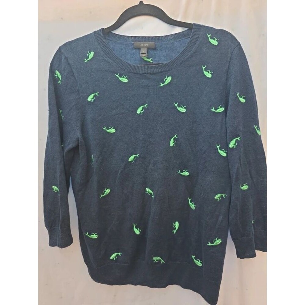 J Crew Navy Blue Crewneck Sweater with Embroidered Green Whales Size Medium